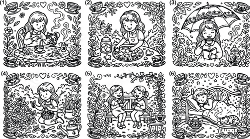 Black and white coloring book style cute girls pouring tea pouring cookies reading with umbrella gardening chatting on bench and sleeping with cat vector line art illustration detailed floral frame