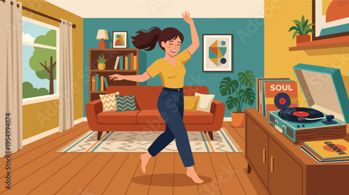 A young woman dancing in a colorful living room with a record player