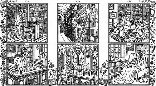 Detailed line art library scenes showing librarian organizing shelves using cart climbing ladder reading story to children at story corner working with ink and book stacks indoor cozy atmosphere