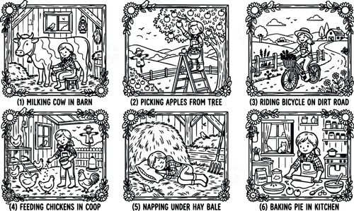 Black and white line art scenes of child milking cow feeding chickens picking apples riding bicycle napping baking pie in farmyard with detailed floral frames