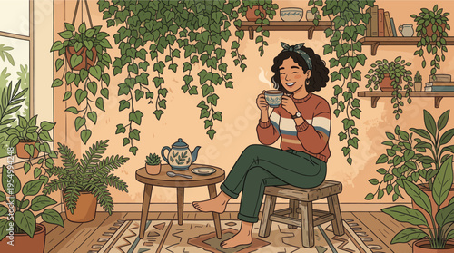 A woman enjoys a cup of tea in a cozy room with plants