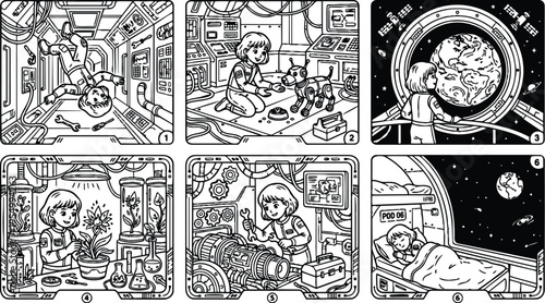 Detailed black and white line art space exploration story sequence showing girl astronaut floating repairing robot dog observing earth and growing plants in spaceship laboratory at night
