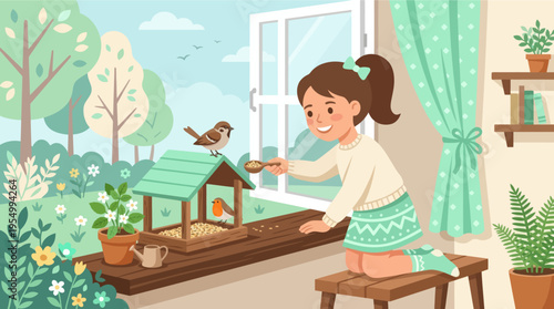 A young girl feeding a bird from a bird feeder in her garden