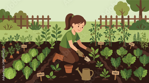 A woman is gardening in a lush green garden with various plants