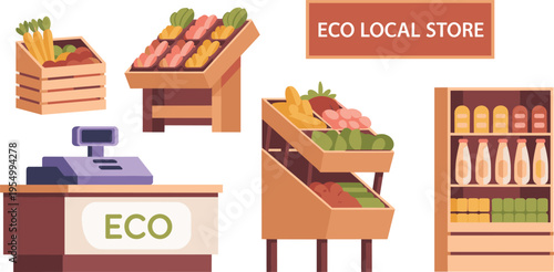 Eco local store grocery vector illustration with fresh organic vegetables shelves cashier counter wooden crates sustainable market concept design