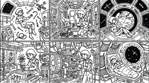 Line art astronaut girl repairing robot planting space flower inspecting rocket engine floating in spaceship space view watching earth sleeping in space capsule futuristic black and white vector