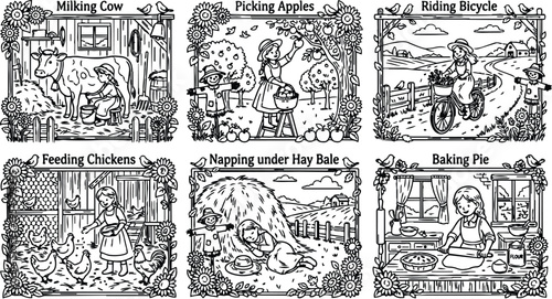 Black and white line art farm life scenes including milking cow picking apples riding bicycle feeding chickens napping under hay bale and baking pie in rustic settings