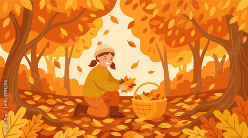 A young girl collects fallen leaves in a vibrant autumn forest scene