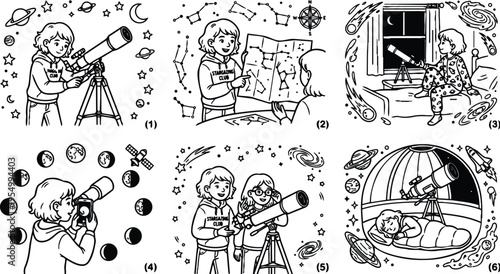 Black and white vector art children stargazing with telescope observing moon phases constellations and space elements in pajamas and sleeping bag at home and observatory