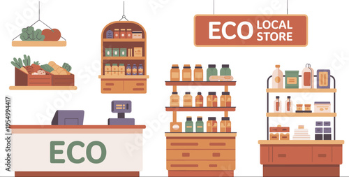 Eco local store interior vector illustration with organic products shelves cashier counter fresh produce sustainable grocery market shop design