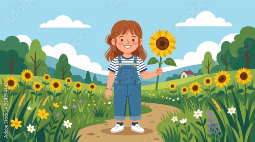 A young girl happily holding a sunflower in a beautiful field of flowers