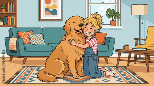 A young girl hugs her golden retriever in a cozy living room