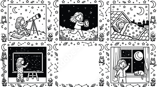 Monochrome vector art showing six cute children with night sky elements using telescope catching fireflies sleeping dreaming stargazing holding lantern and waving at window