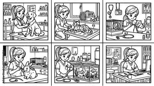 Black and white vector art multiple veterinary scenes showing female vet examining dog cat hamster rabbit and aquarium in clinic with detailed interior and equipment line art style