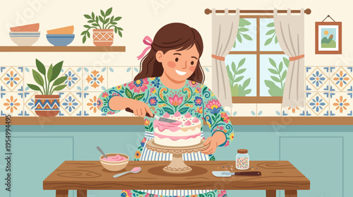 A young girl decorating a cake in a colorful kitchen with plants