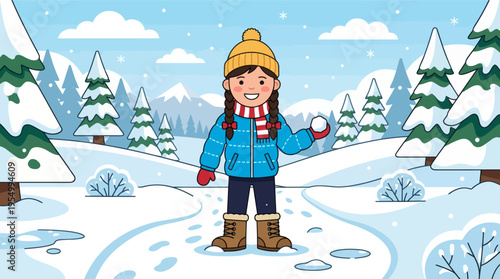 A happy cartoon girl playing in a snowy winter landscape with trees