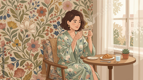 A woman in a floral robe sits by a window with a cup of coffee