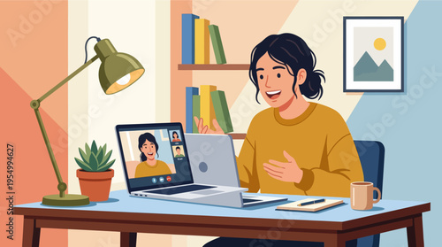 A woman in a home office setting engaged in a video conference call
