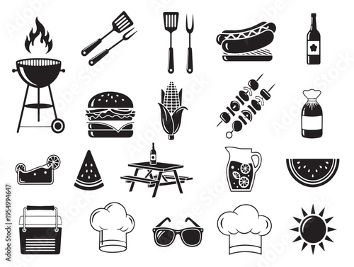 A collection of black and white icons for summer vacation and barbecue
