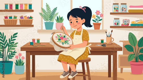 A young girl sitting at a table and embroidering a floral design