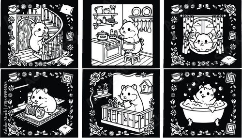 Cute hamster climbing spiral staircase holding cookie with pillows decorated frame cozy home vector line art six scenes including cooking bathing watering flowers and sewing indoors