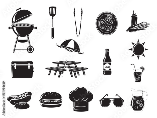 A collection of black and white icons for outdoor picnic and barbecue
