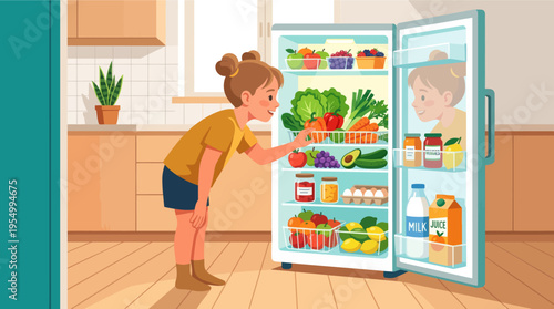 A young girl opens the refrigerator door to grab a healthy snack