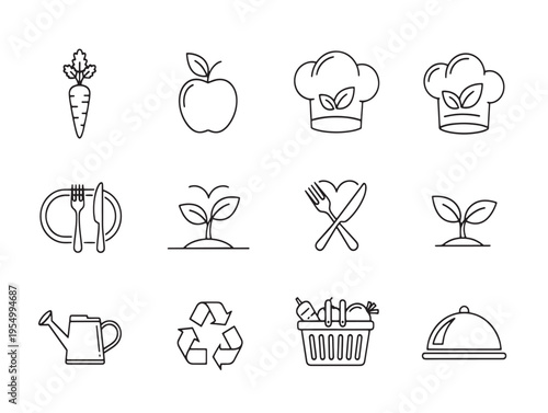 A collection of black and white icons related to food and cooking