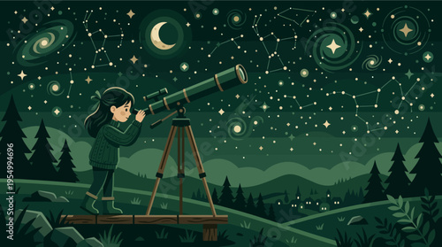 A young girl explores the night sky with a telescope in a forest