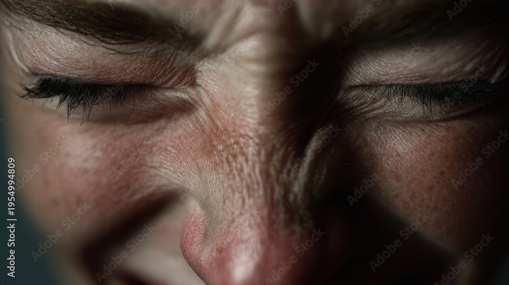 Obraz premium Macro close-up of a woman crying, with tears running down her face. Captures raw human emotion, sadness, vulnerability and distress. Focus on facial expression, texture of skin and tears.