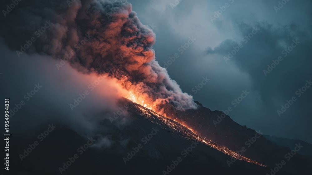 Fototapeta premium Glowing lava flows down mountain during volcanic eruption with ash clouds rising