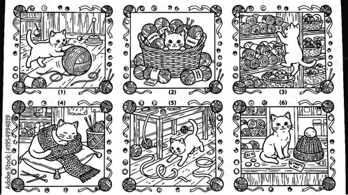 Colorbook style detailed line art cats playing with yarn balls in cozy knitting shop scenes with baskets shelves scarves and hats in charming vector illustration