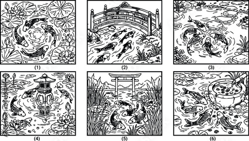 Colorbook style intricate koi fish pond scenes with lotus flowers wooden bridge stone lantern and traditional japanese torii gate detailed aquatic nature illustration
