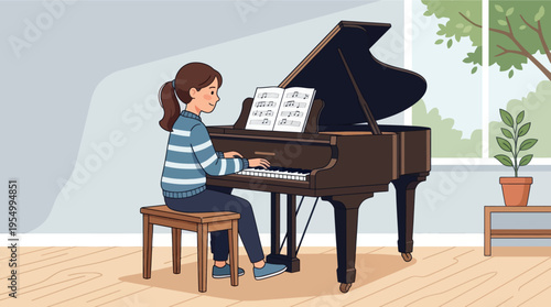 A young girl playing a grand piano in a cozy room with a plant