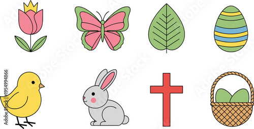 Easter holiday icons set featuring cute bunny chick colorful eggs cross butterfly tulip flower and basket symbols for spring celebration graphic design vector illustration collection.