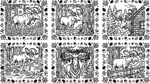 Colorbook style detailed line art set featuring majestic moose in various forest scenes with leaves acorns pinecones and rustic wooden elements perfect for coloring and nature themes