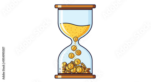 An hourglass with coins flowing through it, symbolizing the passage of time and financial transactions.