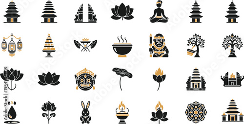 Balinese culture icons set featuring Hindu temple gates lotus flowers traditional ornaments spiritual symbols and religious elements for Indonesia travel graphic design vector illustration collection.