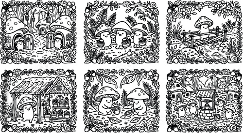 Colorbook style detailed mushroom character scenes with forest houses bridges picking baskets and gardening activities in whimsical vector art line drawing design