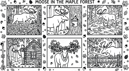 Colorbook style detailed moose in the maple forest set showing moose walking standing near cabin crossing stream and decorated antlers with leaves seasonal autumn forest background line art