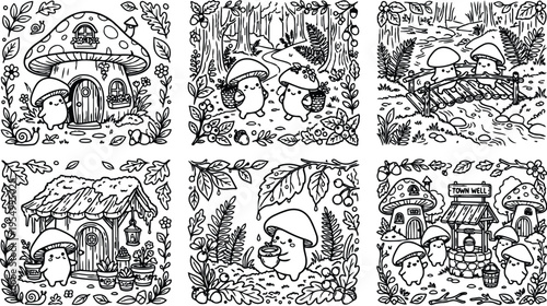 Colorbook style forest mushroom characters gathering at town well walking on bridge picking berries around magical mushroom houses with detailed foliage and flowers in nature