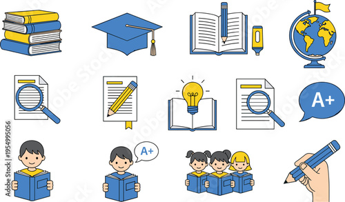 Education and School Icon Set Featuring Books Graduation Cap Globe Magnifying Glass Students Reading Light Bulb Idea Pencil Hand Writing and Academic Grade Results
