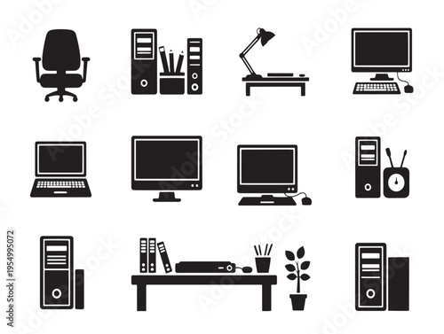 A collection of office and computer equipment icons