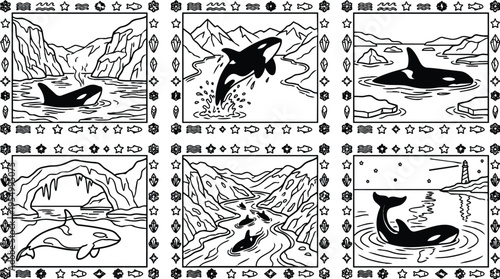 Colorbook style vector art showing six different orca whale scenes in natural river and ocean landscapes with rocky cliffs oceanside and distant lighthouse in monochrome line drawing