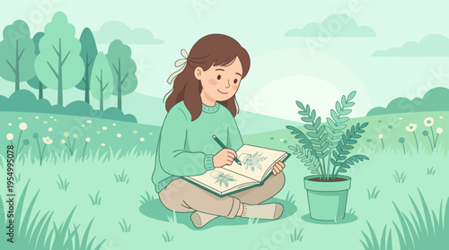 A young girl sitting in a field drawing in a notebook peacefully