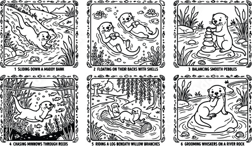 Colorbook style black and white line art illustrations of otters sliding on muddy bank floating with shells balancing pebbles chasing minnows and grooming whiskers on river rock