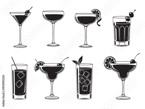 A collection of eight different cocktail glasses and drinks
