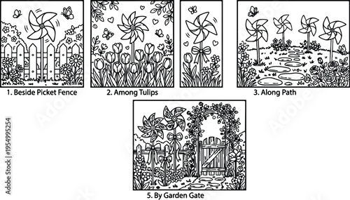 Colorbook style black and white garden scenes with windmill pinwheels among flowers by picket fence gate watering can and arbor in line art outline