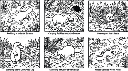 Colorbook style detailed platypus illustrations showing paddling in stream carrying pebbles near burrow peeking out reeds sitting driftwood exploring muddy stream floating water plants