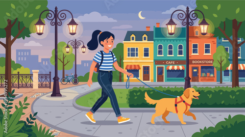 A woman walks her dog on a sidewalk in a vibrant town